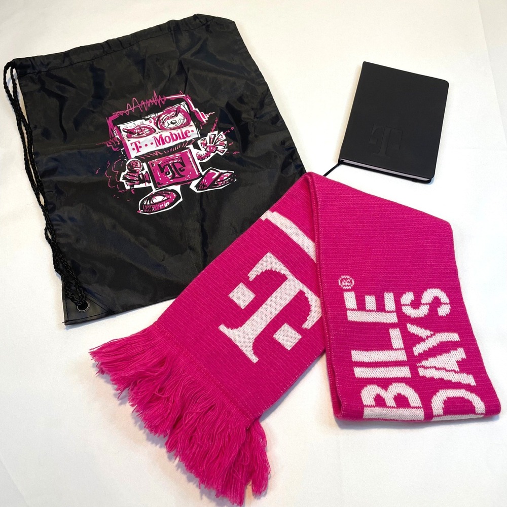 T Mobile Tuesdays Black Drawstring‎ Bag Pink Robot Logo Scarf Bundle Notebook